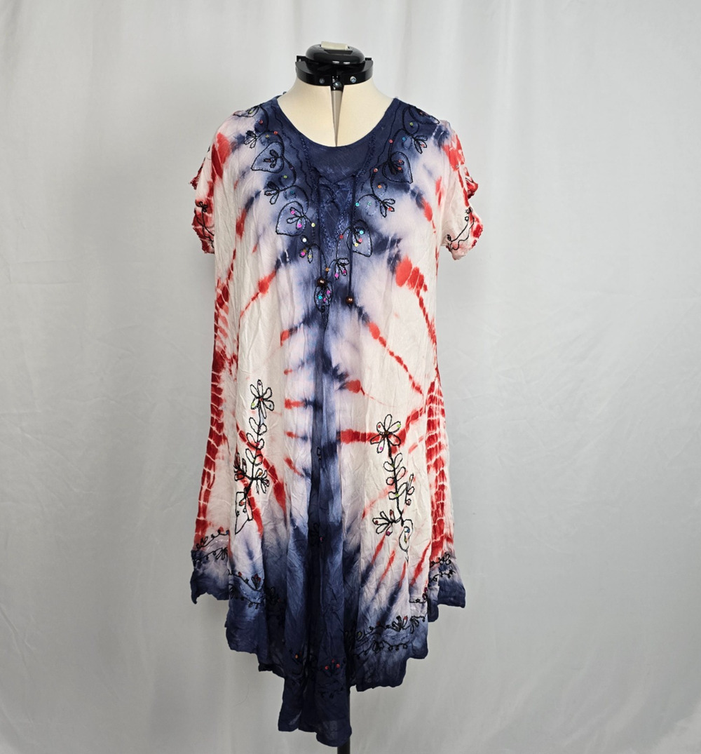 Exist Beach Tie Dye Cover Up Dress Women's OS Blue Red White Embellishments NWT